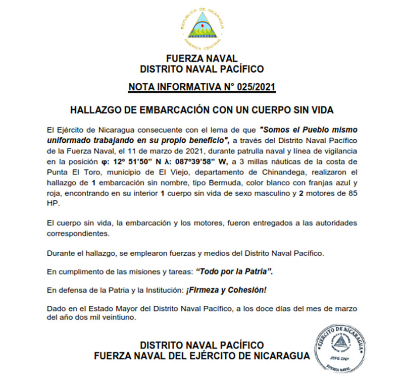 ejercit9o-de-nicaragua-encuentra-embarcacion-con-cuerpo-sin vida